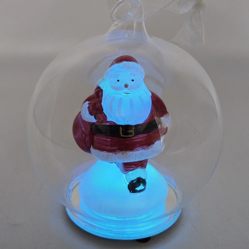 Glass Light Up Santa Ornament Color Changing Orb Hanging Glitter Hand Blown 5
